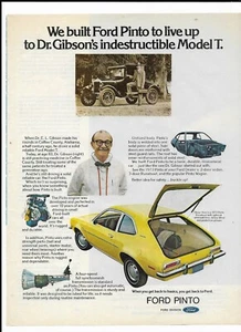 Yellow 1972 Ford Pinto Ad~ Dr. Gibson's Indestructible Model T. Gas Tank Explode - Picture 1 of 1