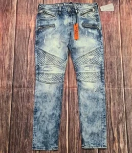 Rock Revival Moto Jeans Mens 34/32 Gayle Distressed Denim Zipper Acid Wash S202 - Picture 1 of 11