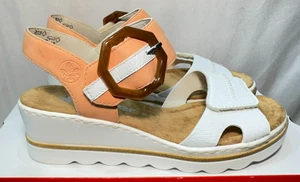 Sandalias Rieker de cuero sintético Reino Unido 5/38 blancas/melocotón 67476 tacón de cuña correa rasgada - Imagen 1 de 20