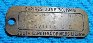 Ausgestellt 1941 South Carolina Messing Führerschein Greenville SC weiß weiblich - Bild 1 von 2