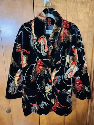 Vtg Donnybrook Women Rodeo Cowboy Faux Fur Jacket Coat Black Multi Sz M SEE DESC - Image 1 of 4