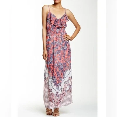 Vestido maxi rosa y blanco estampado paisley boho con volantes talla XL Foto 1 de 4