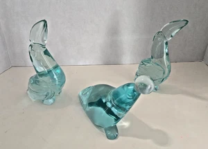 Vintage geätztes aquablaues Kunstglas Tukan Vögel und Seelöwe 3er Set - Bild 1 von 6