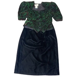 Vintage Jessica McClintock Gunne Sax Black Velvet Green Glitter 2 pc Skirt Set S - Picture 1 of 8