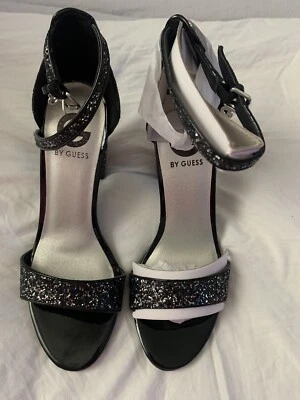 NEW Women G Guess Shantel3 Ankle Strap Block & Silver Heel Sandals, Black 7.5 - Image 1 of 4