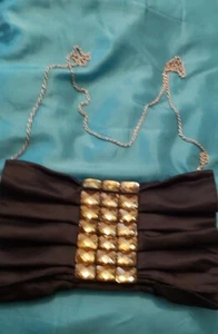 New Look Gold Stones on Pleated Satin Black Party Wear Hand/Shoulder/Clutch Bag - Picture 1 of 11