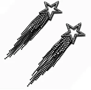 Claire's Girls Black Embellished Crystal Star Chain Fringe 4" Drop Earrings - Picture 1 of 3