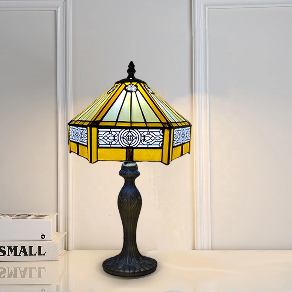 E-TRADEMART Tiffany Yellow Hexagon Table Lamp Stained Glass shade Antique Style Bulb E27 UK
