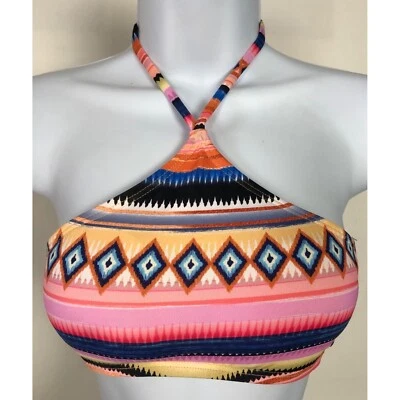 Hobie Women Bikini Top Size M Orange Blue Halter New No Tags Stripes Diamonds - Image 1 of 4