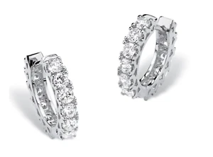 ROUND CZ HUGGIE HOOP EARRINGS WITH SURGICAL STEEL POSTS SILVER TONE 1/2" - Picture 1 of 2