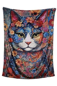 Flower Cat Fleece Blanket Plush Warm Gift Two Sizes - Picture 1 of 1