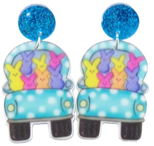 Cute! 2-Sided! 2+" EASTER BUNNY PEEPS IN BLUE VAN ACRYLIC DROP DANGLE EARRINGS - Picture 1 of 15