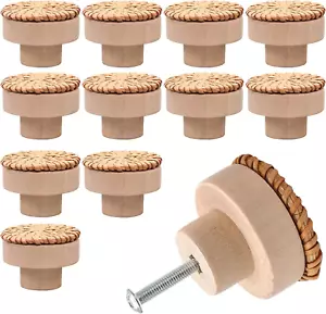12 Pcs Brown Boho Rattan Dresser Knobs, Wooden Drawer Knobs Decorative Cabinet K - Picture 1 of 12