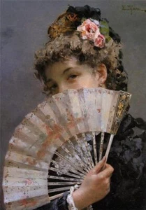 Oil Painting repro Edoardo Tofano, Lady with a Fan - Picture 1 of 1