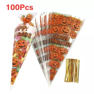 100x Halloween Cellophane Cone Sweet Trick or Treat Candy Party Favuor Bags Ties - Picture 1 of 5