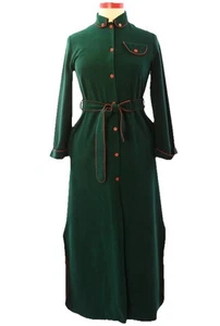 70s Vassarette Green Fleece Robe L Belted Lounge Dress Red Top Stitch Mandarin - Picture 1 of 4