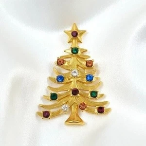 Vintage Eisenberg Ice Christmas Tree Gold-Tone Brooch w/Rhinestones - Picture 1 of 6