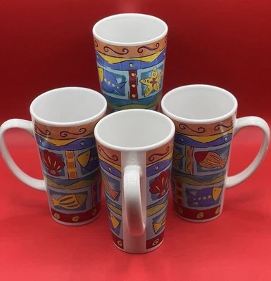 4- Canecas coloridas de grés tema praia Calypso por assinatura peixe estrela do mar concha - Imagem 1 de 4