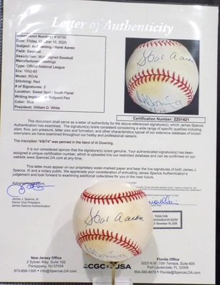 HANK AARON HOF & AL DOWNING Signed "4/8/74" Auto NL Baseball Braves JSA 💎 LOA - Image 1 of 4