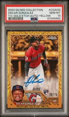 2023 Topps Chrome Gilded Oscar Gonzalez RC Auto Yellow Refractor /75 Gem PSA 10 - Image 1 of 2