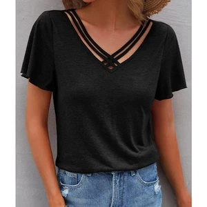 Womens Summer V neck Tops Plus Size Ladies Holiday Casual Plain Blouse T-shirt - Picture 1 of 14