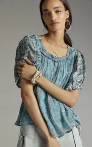 Anthropologie Let Me Be Pintucked Chiffon Blouse Blue Boho Puff Sleeve Small - Picture 1 of 6