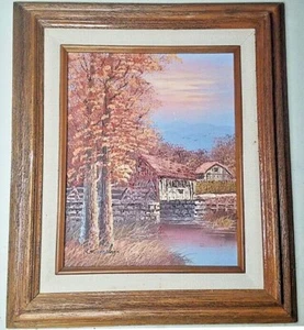 Original Oil Painting Framed Fall Bridge Landscape Artist Signed K. Michaelson - Picture 1 of 8