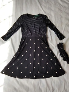 Lauren RL Women’s Long Sleeve Dress Black With White Dots With Belt Size 6P. NWT - Picture 1 of 5