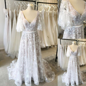 Short Sleeve Wedding Dresses V Neck Lace Appliques A Line White Bridal Gowns
