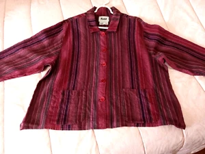 FLAX Linen Jacket Top Button Down Long Sleeve Pockets Magenta Stripe L 27" EUC - Picture 1 of 9