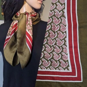 Vintage Block Print Painted Olive Green Red Silk Sprig Floral Scarf 27" - Picture 1 of 9