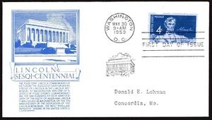 Lincoln Sesqi-Cent 1116 4c FDC Anderson caché azul 30 de mayo de 1959  - Imagen 1 de 1