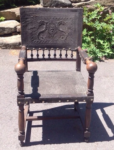 Antique Leather Chair Gothic Medieval Tooled Dragon Cover