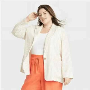 Women's Relaxed Fit Spring Blazer - A New Day Cream Pin Striped 1X Target - Picture 1 of 4