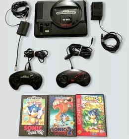 Sega Genesis Bundle. Console, 2 Controllers with Sonic the Hedgehog 1 2 3. A+