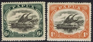 PAPUA 1910 LAKATOI LARGE PAPUA 6D AND 1/- WMK UPRIGHT PERF 12½ - Picture 1 of 2