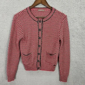 Gas Essential Cardigan Women M Red Knit Houndstooth Button Preppy Old Money Twee - Picture 1 of 9
