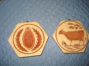 Cow & Wheat Plaster Carved Butter Press Molds/Primitive Design Plaques Set - Picture 1 of 4