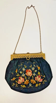 VTG Silk Point Beauvais Tambour Embroidery Evening Bag Purse Brass Filigree READ - Image 1 of 4