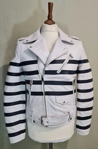 Each  Other Mariniere Classic Stripe Leather Biker Jacket White Navy Size Large  - Picture 1 of 6