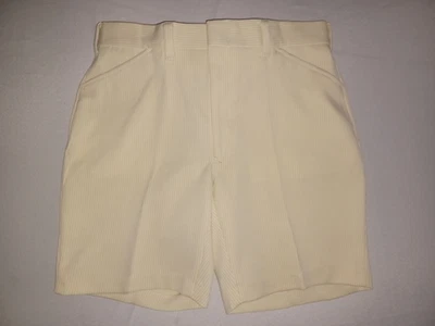 Vintage Men's 1970's Double Knit 100% Polyester Yellow and White Shorts Size 36 - Image 1 of 4