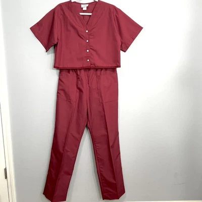 Vintage Scrubs Medium Burgundy Maroon Pants Short Top Shirt Designer Crest Y2K - Image 1 of 4