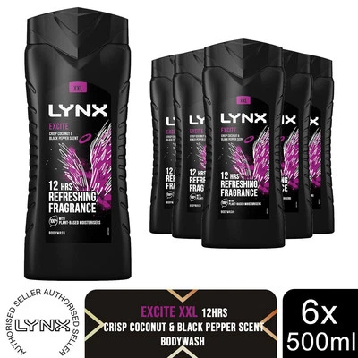 Lynx Excite 12H Refreshing Fragrance Shower Gel Bodywash, 6x 500ml