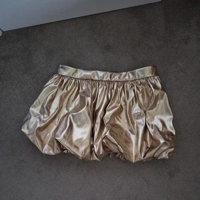 River Island Ladies Gold Faux Leather Puff Mini Skirt Size 16 New With Tags - Image 1 of 4