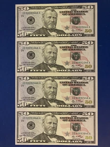 UNCUT SHEET OF 4    $ 50's  BILL NOTE   2006    UNCIRCULATED YEAR 2006 - Picture 1 of 2
