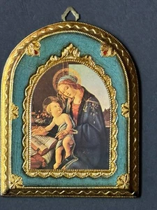 SMALL Vintage Italy GOLD WALL PLAQUE *Madonna Jesus Florentine Antique Print Art - Picture 1 of 7