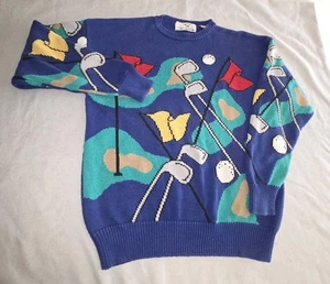 Vintage Mens Links Collection Golf Course Putter Club Ball Cotton Blue Sweater L - Picture 1 of 6