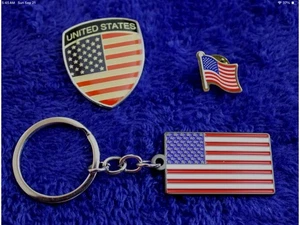 Trio of US Flags Metal Badge Hat Lapel Pin Key Chain Key Ring Accessory - Picture 1 of 11