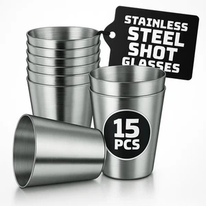 Metal Reusable Shot Glasses 30ml/1oz - 15 Pcs Stainless Steel Shot Glasses Un... - Picture 1 of 9