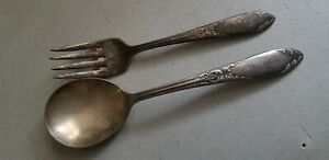  ANTIQUE, VINTAGE COLLECTIBLE  FORK,SPOON 6", 6.75" SILVER PLATE-NATIONAL